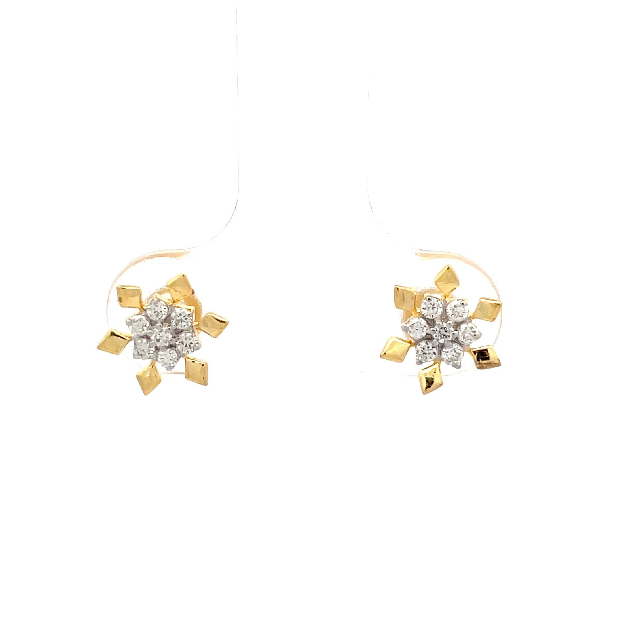 9K Yellow Gold Round Brilliant Diamond Snowflake Cluster Stud Earrings
