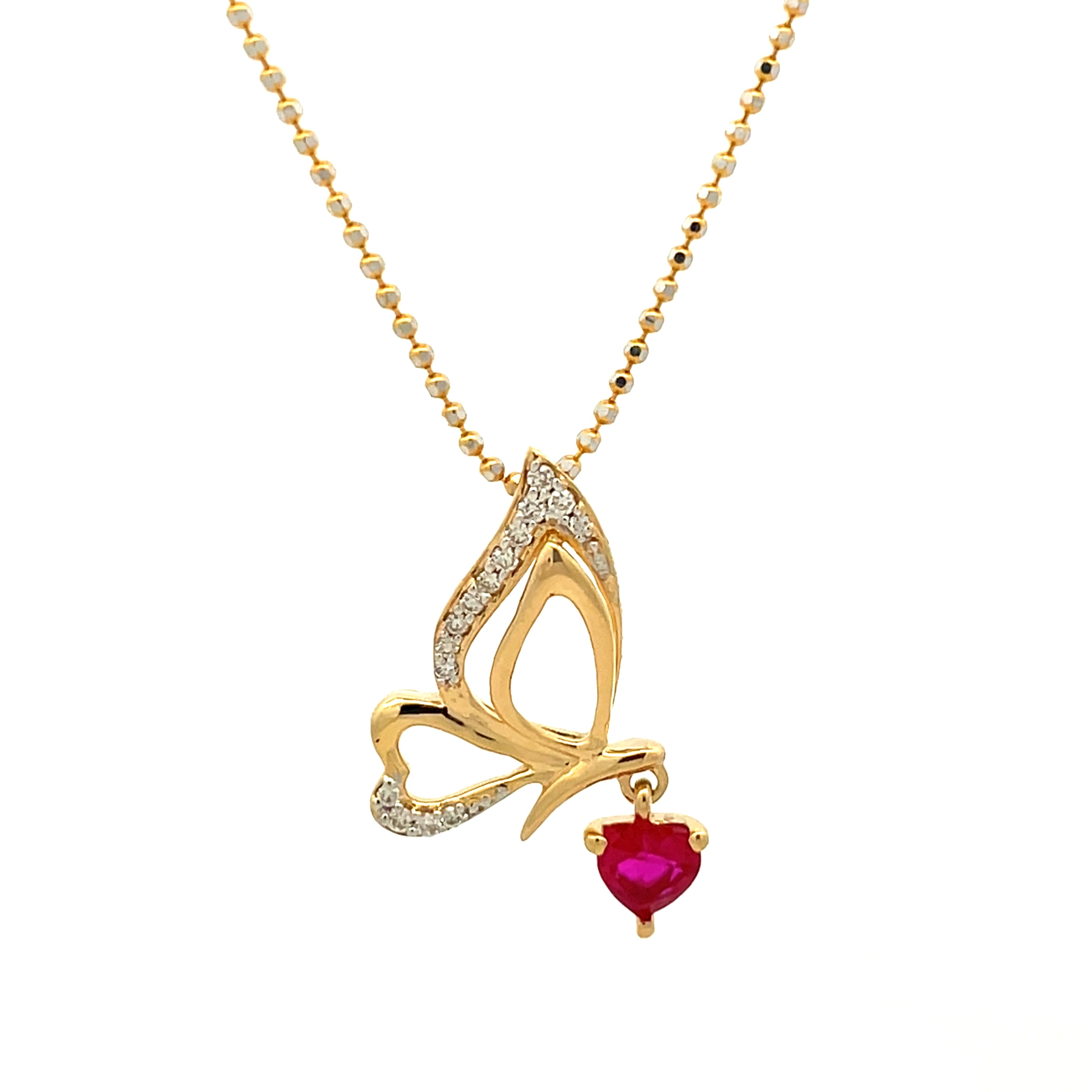 14 k Yellow Gold Butterfly Charm Necklace with Heart-Shaped Ruby