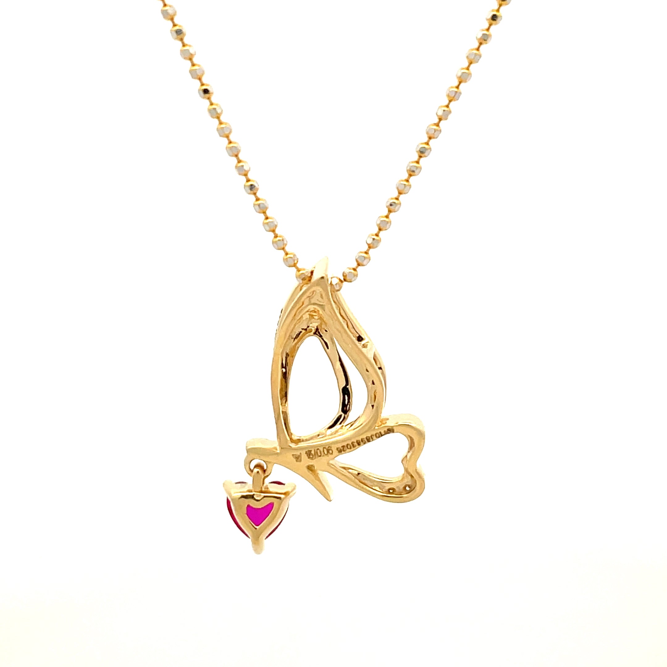 14 k Yellow Gold Butterfly Charm Necklace with Heart-Shaped Ruby