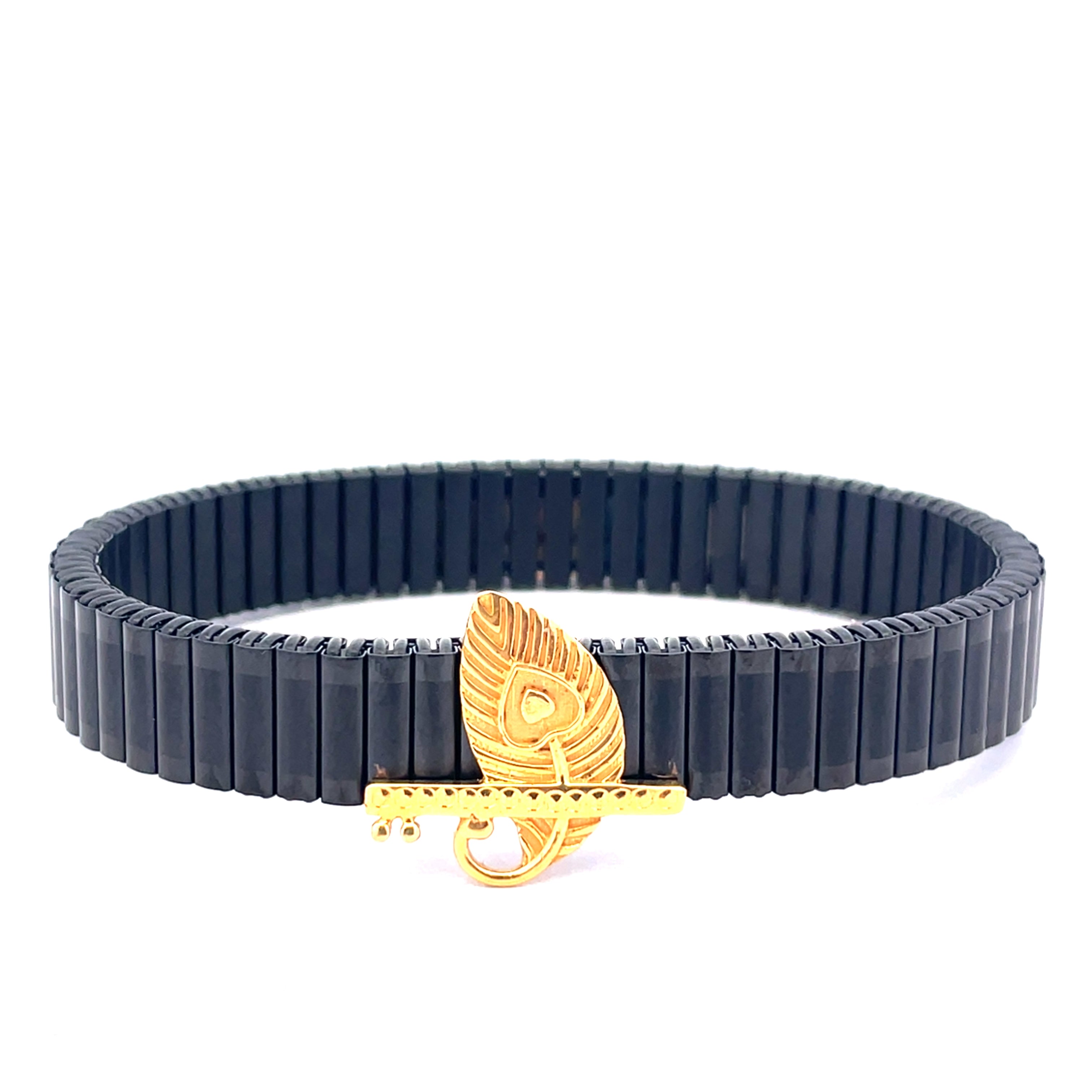 Krishna Flute Black Stretch Bracelet for Men | Gold Accent Minimalist Bracelet