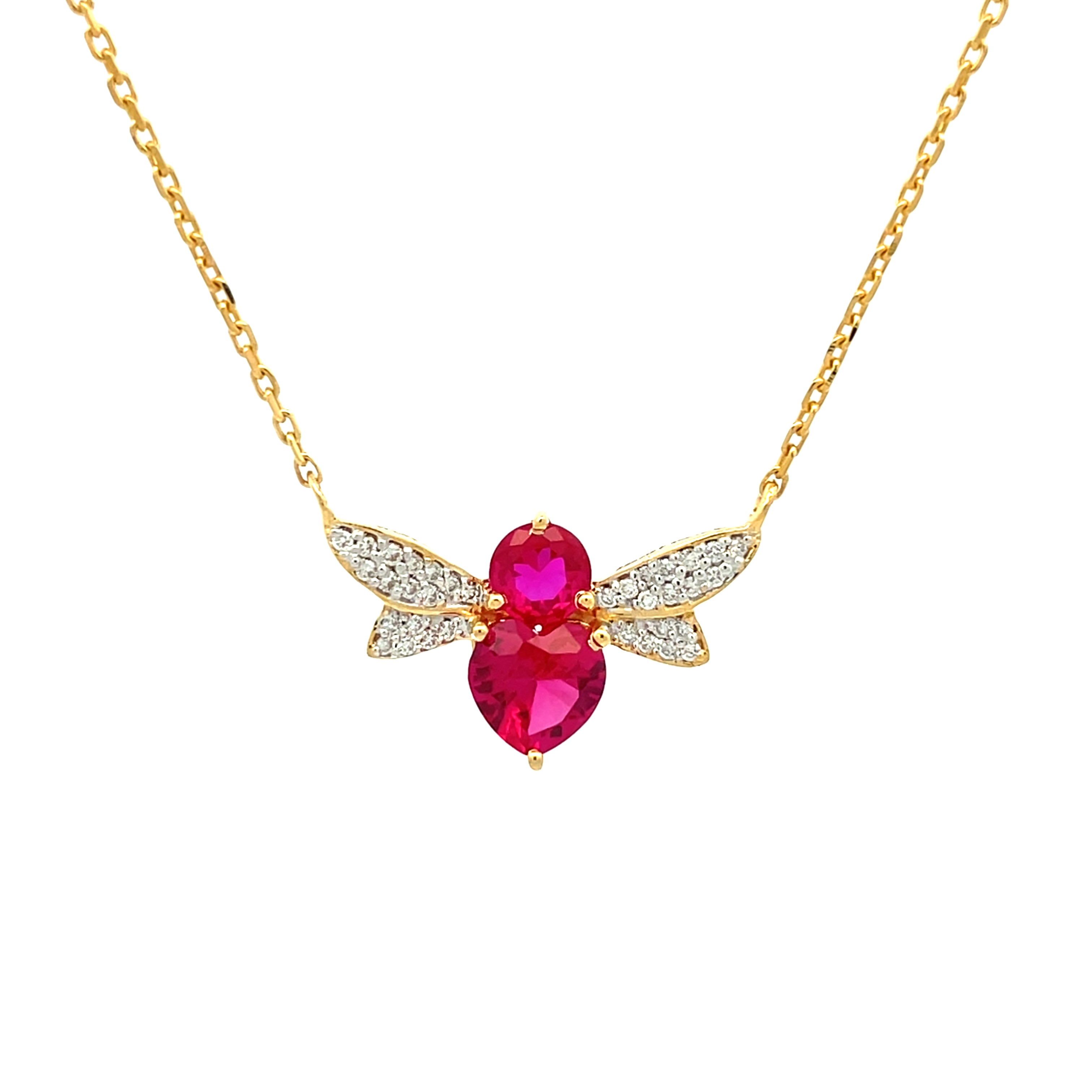 14k Yellow Gold butterfly Necklace withsynthetic Ruby