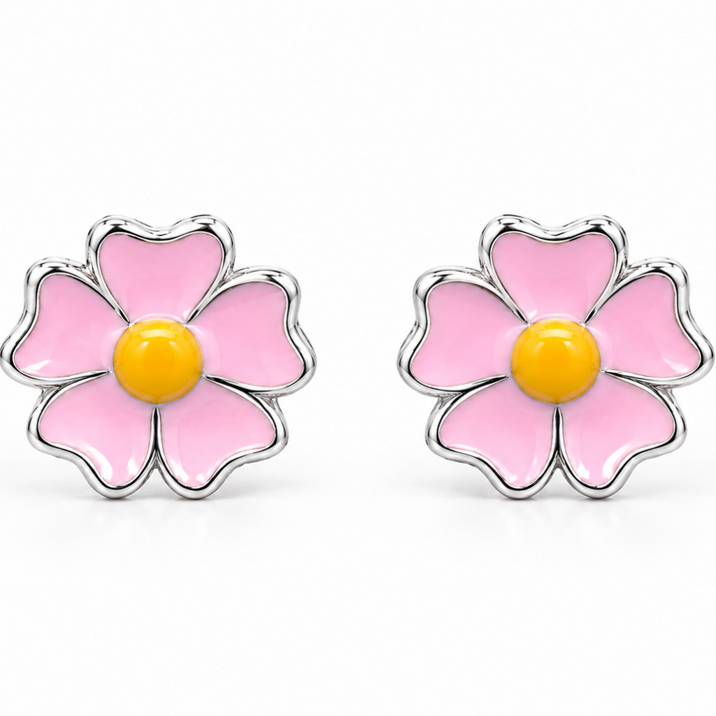 Pink Enamel Flower Stud Earrings in Silver
