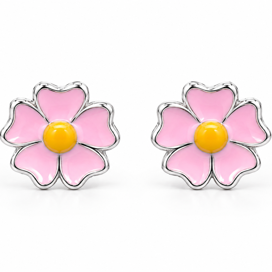 Pink Enamel Flower Stud Earrings in Silver