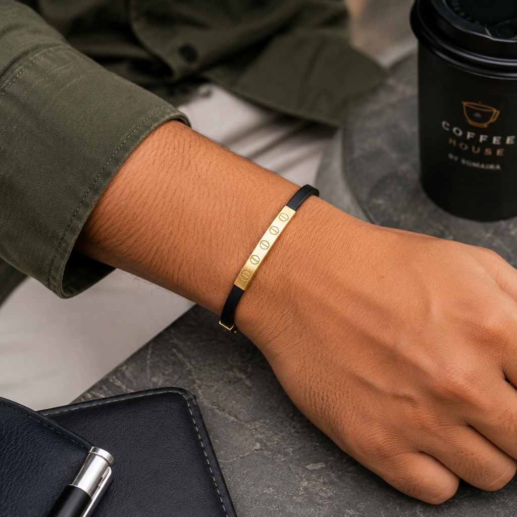 Black Bracelet with 18k Gold centerpiece for Men