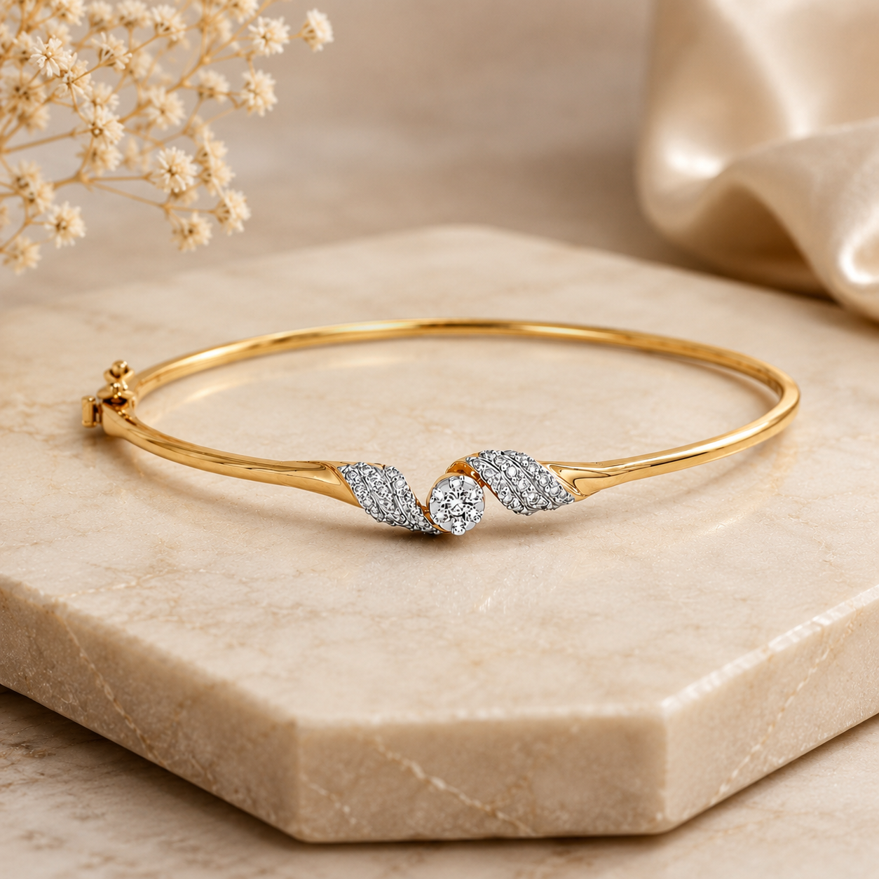 14k Yellow Gold Bangle with Round Brilliant Cut Diamond