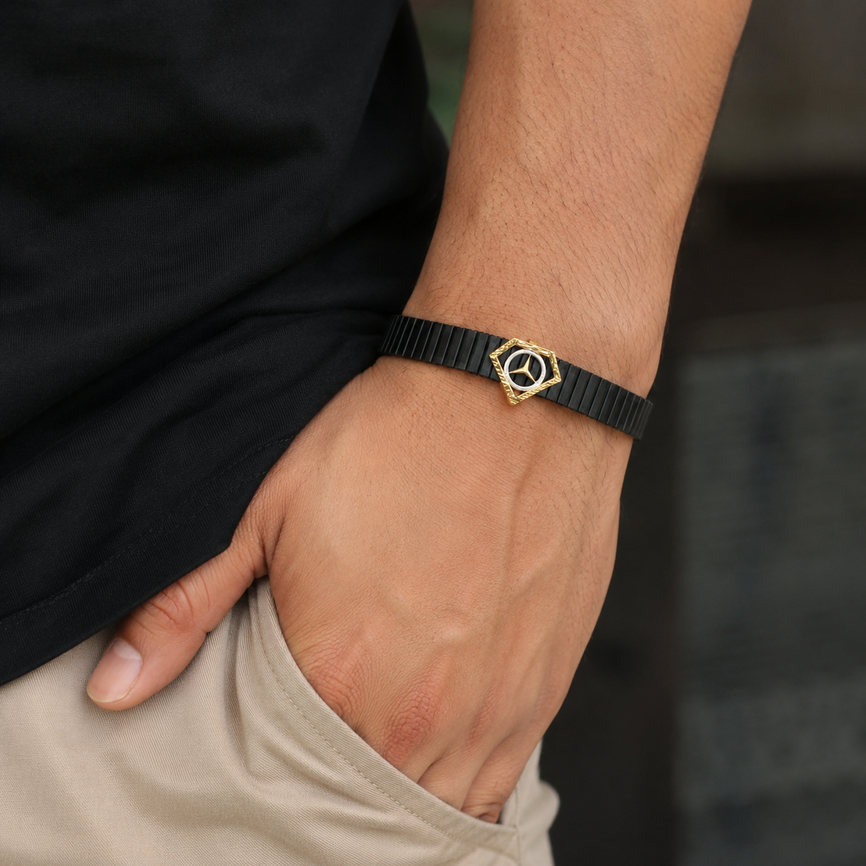 Premium Black Men's Bracelet with Gold geometric charm