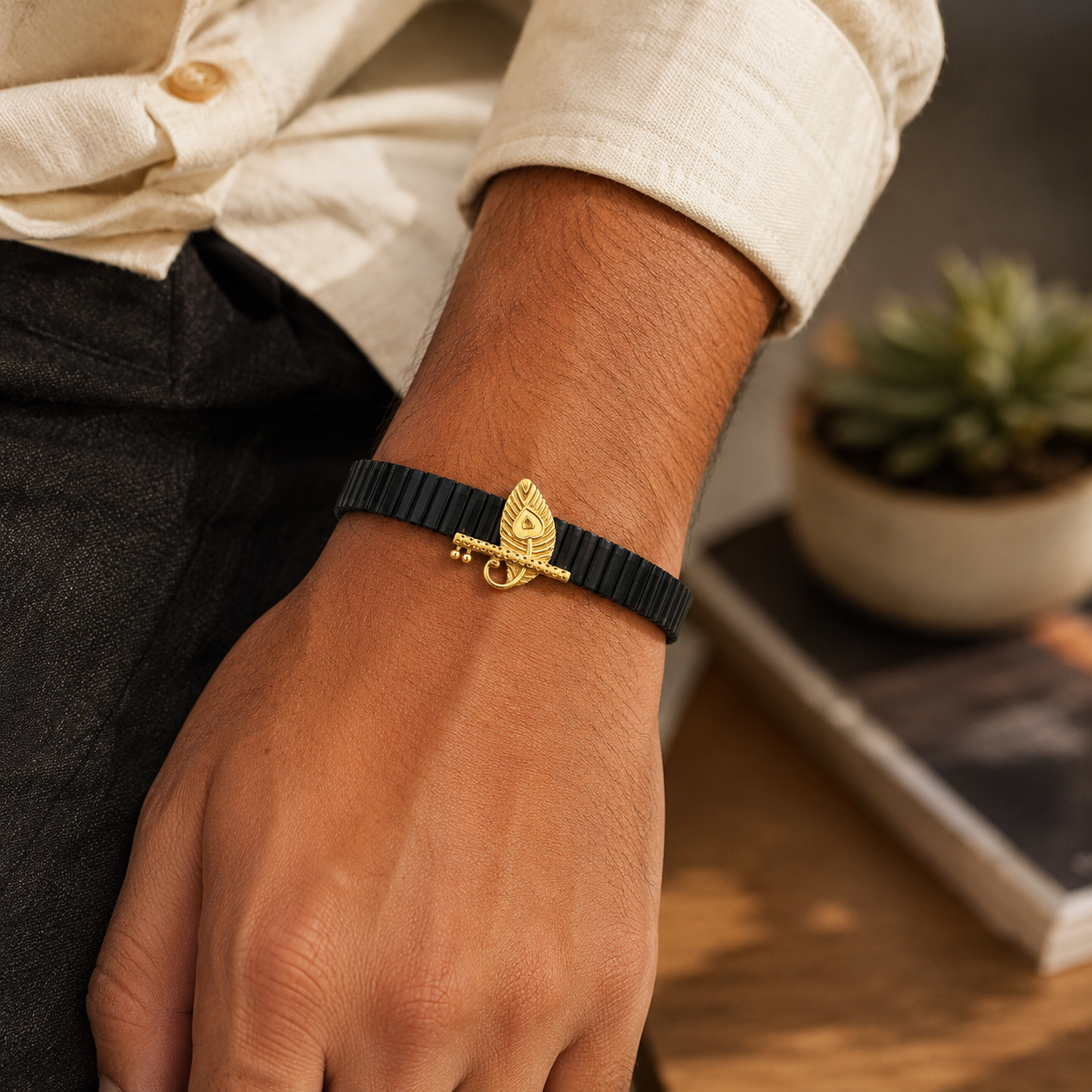 Krishna Flute Black Stretch Bracelet for Men | Gold Accent Minimalist Bracelet