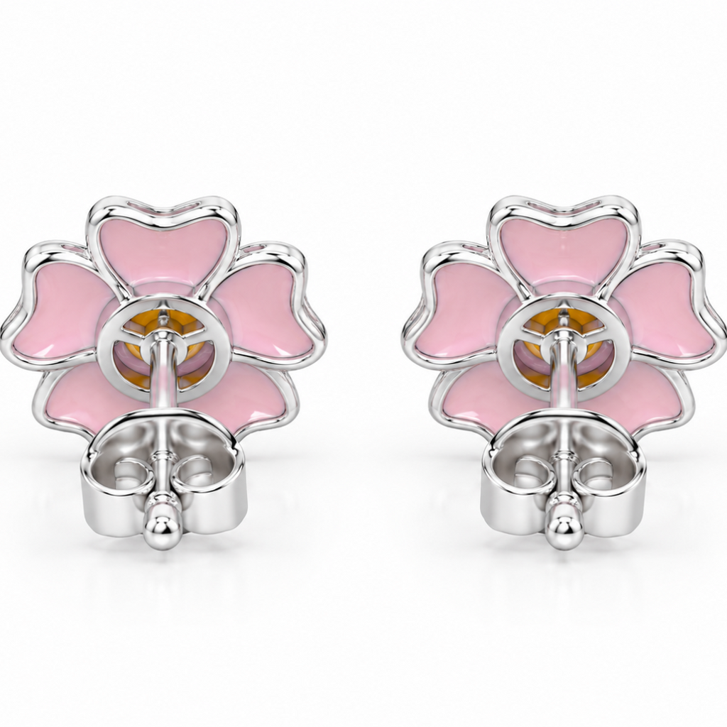 Pink Enamel Flower Stud Earrings in Silver