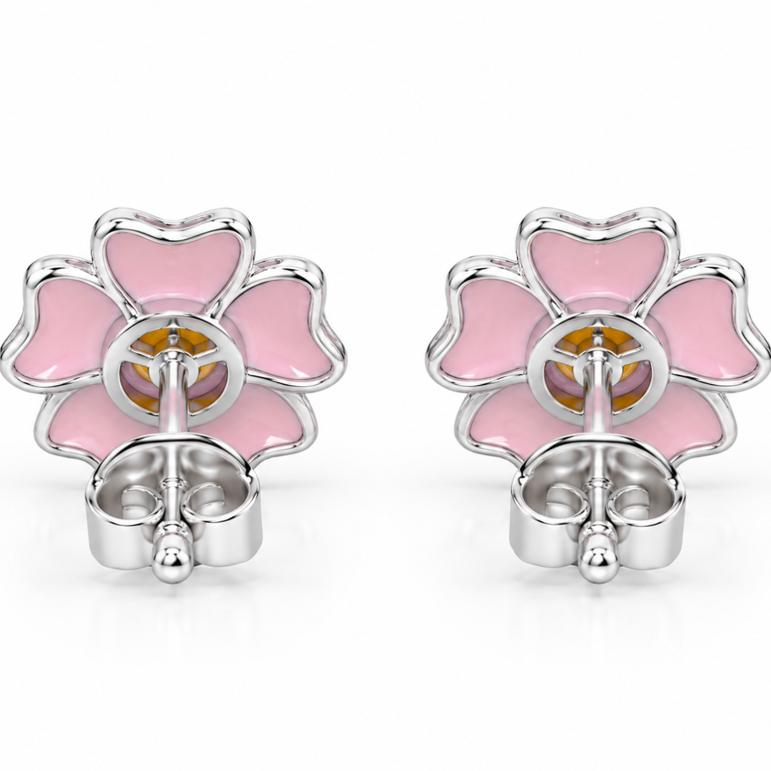 Pink Enamel Flower Stud Earrings in Silver