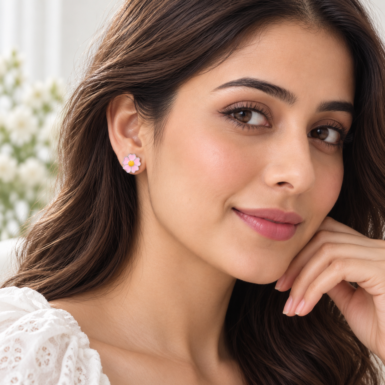Pink Enamel Flower Stud Earrings in Silver