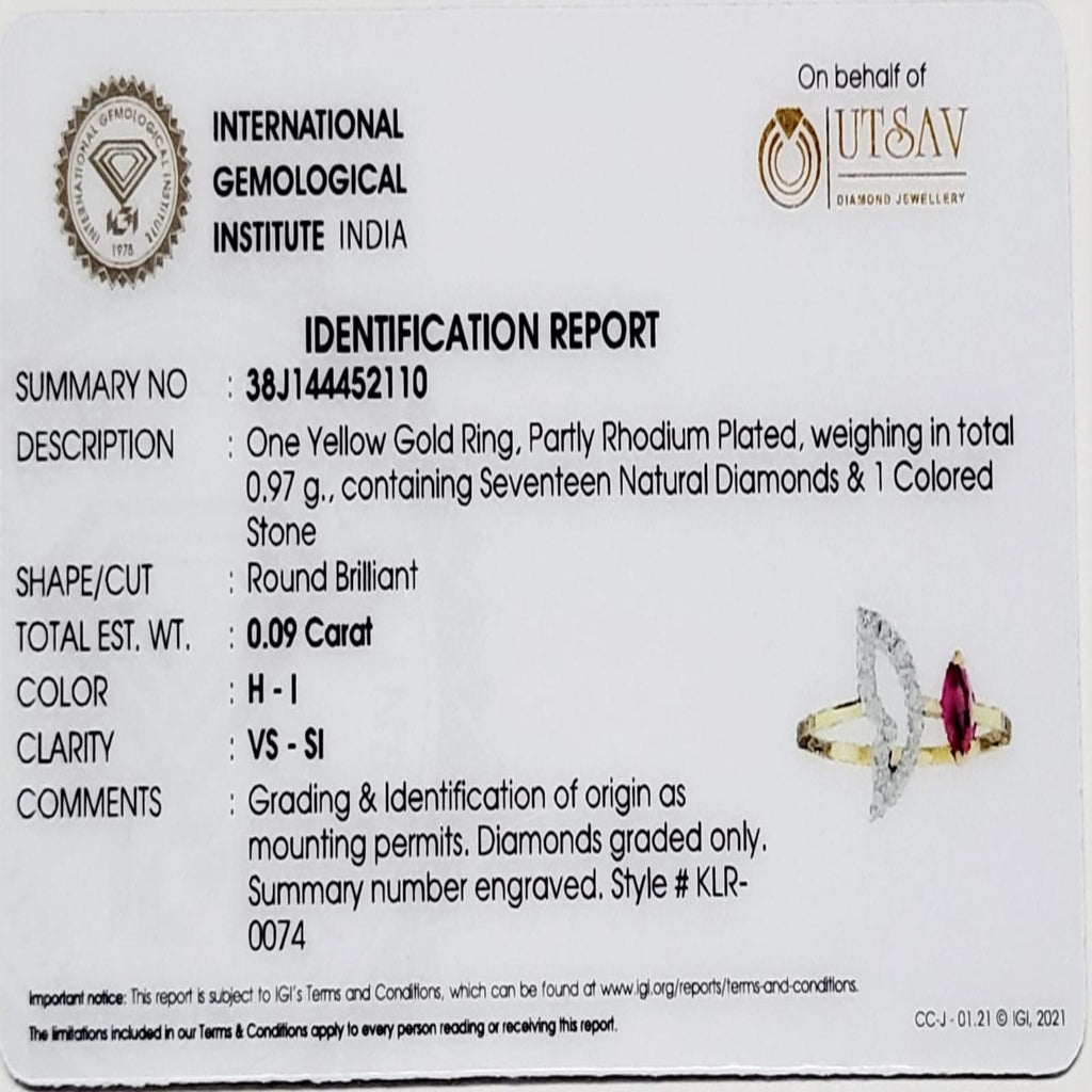 dentification report for a yellow gold ring with diamonds from the International Gemological Institute India