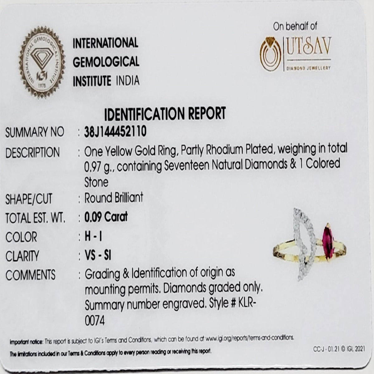 dentification report for a yellow gold ring with diamonds from the International Gemological Institute India