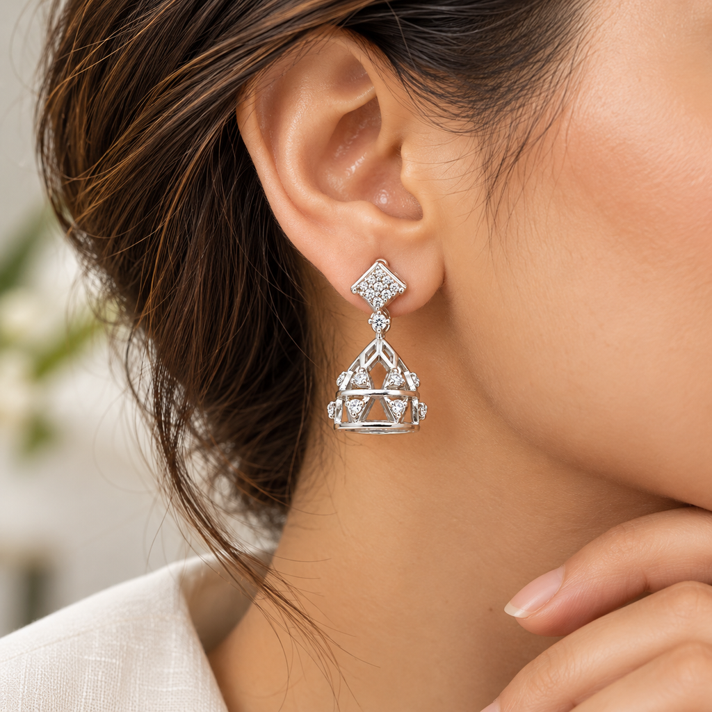 Silver Geometric Jhumka Drop Earrings