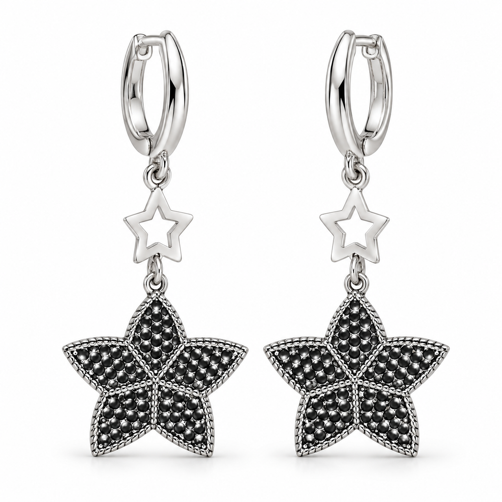 925 Sterling Silver Star Drop Hoop Earrings
