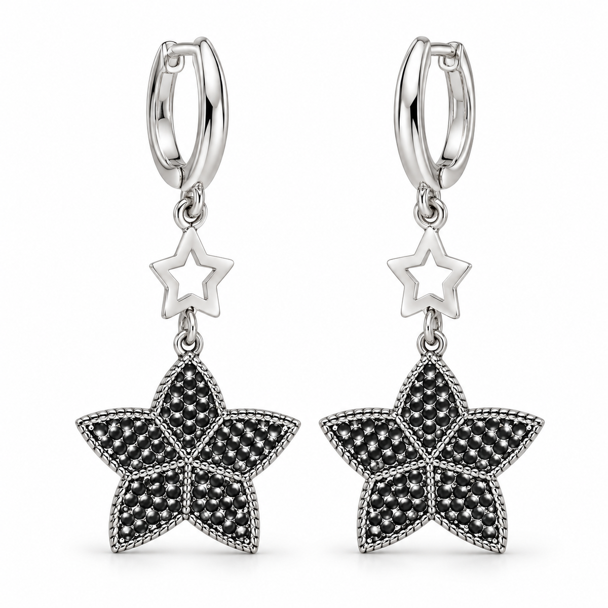 925 Sterling Silver Star Drop Hoop Earrings