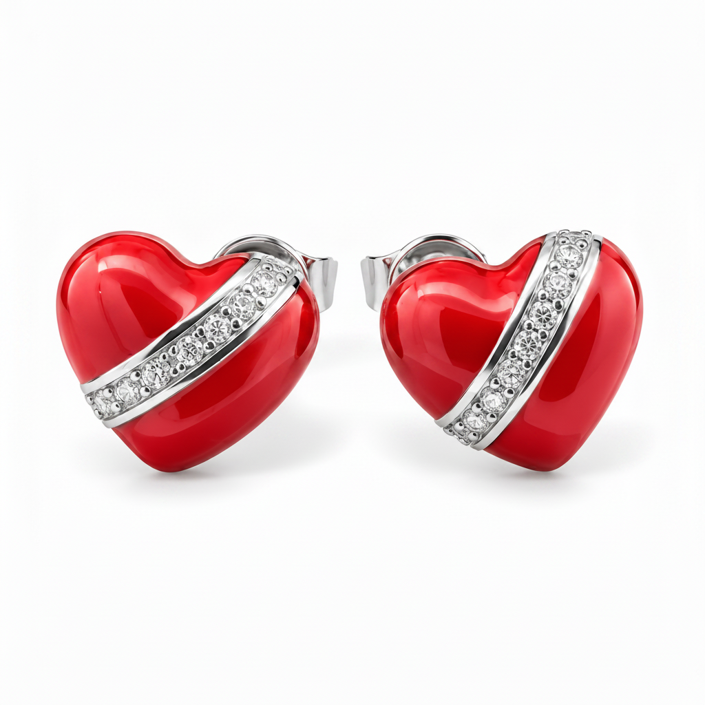 Red enamel Heart studs in Sterling silver