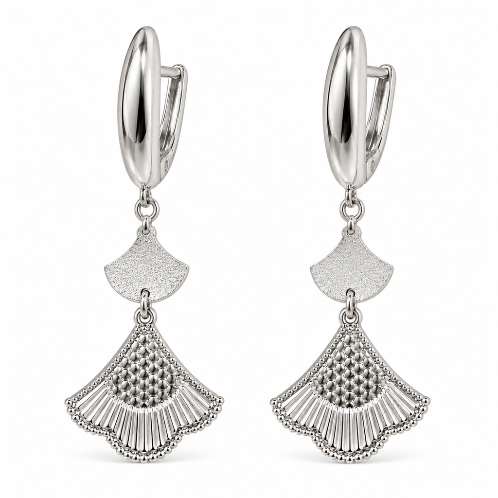 Silver fan shaped drop hoop earings